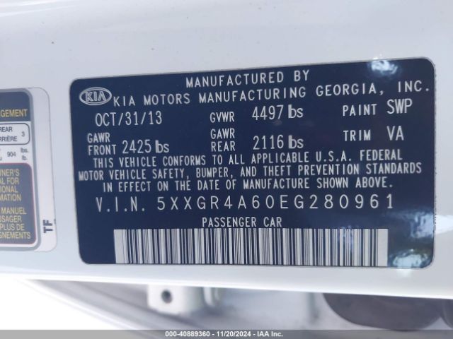 5XXGR4A60EG280961 KIA Optima Sxl Turbo