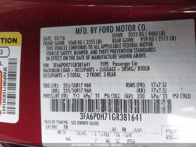 Ford FUSION SE 2016 3FA6P0H71GR381641 Image 9