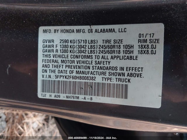 Honda Ridgeline Rtl-t 2017 5FPYK2F60HB008382 Image 9