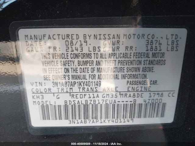 Nissan SENTRA S 2019 3N1AB7AP1KY401149 Image 9