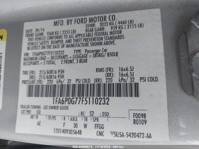 1FA6P0G77F5110232 Ford FUSION S
