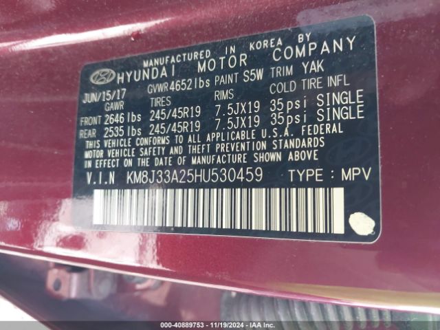 KM8J33A25HU530459 Hyundai Tucson Sport