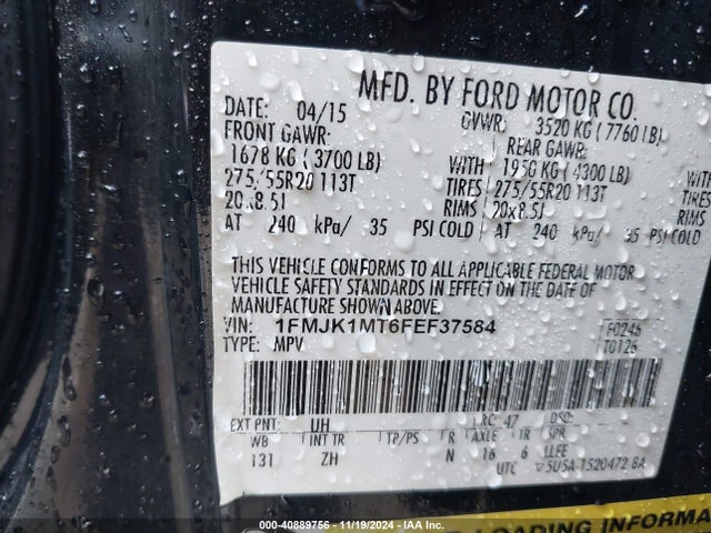 Ford Expedition El Platinum 2015 1FMJK1MT6FEF37584 Image 9
