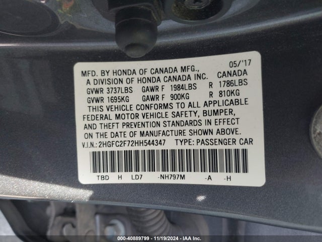 Honda CIVIC EX 2017 2HGFC2F72HH544347 Image 9