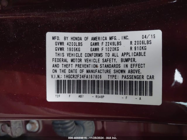 Honda ACCORD LX 2015 1HGCR2F34FA167806 Image 9