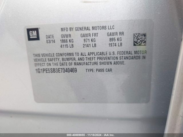 1G1PE5SB3E7340469 Chevrolet Cruze 2lt Auto