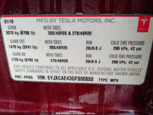 5YJXCAE43GFS00650 Tesla Model X 60d/p100d/p90d