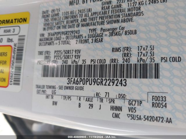 3FA6P0PU9GR229243 Ford Fusion Energi Se Luxury