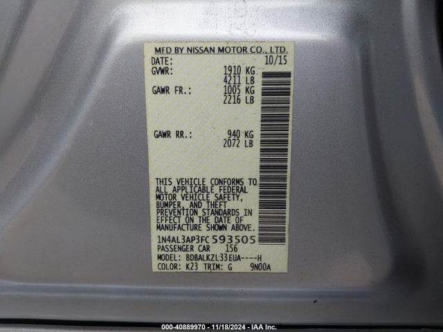 Nissan Altima 2.5 Sv 2015 1N4AL3AP3FC593505 Image 9