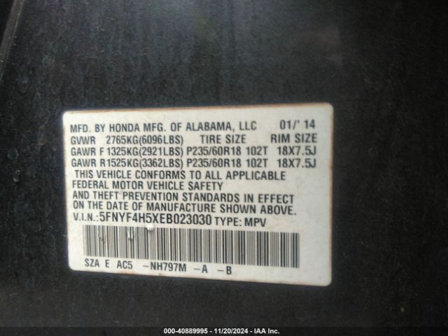 5FNYF4H5XEB023030 Honda Pilot Ex-l