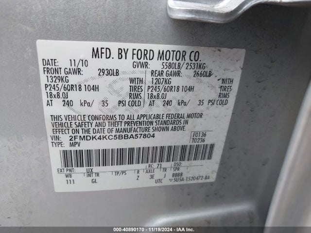 Aukcja sprzedaży 2011 Ford Edge Limited, vin: 2FMDK4KC5BBA57804, numer aukcji: 40890170