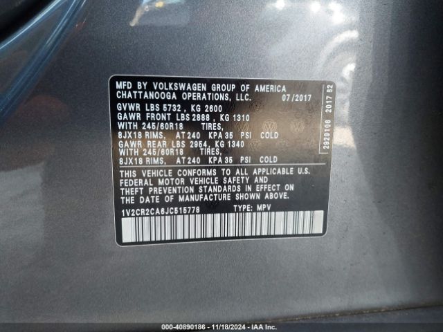 1V2CR2CA6JC515778 Volkswagen Atlas 3.6l V6 Se