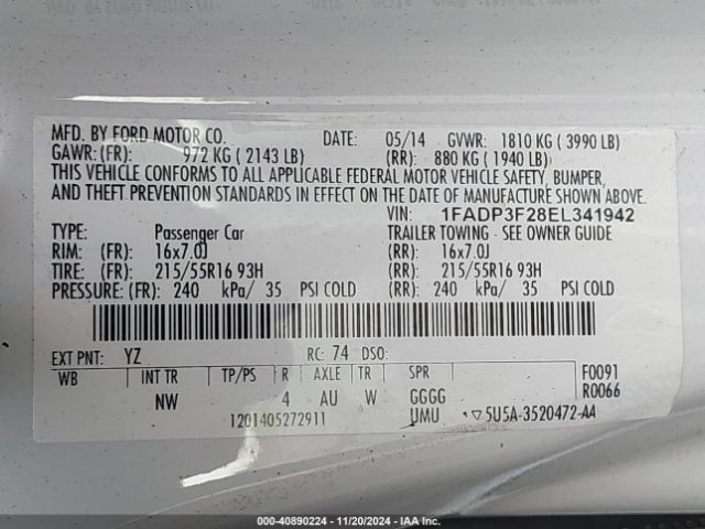 1FADP3F28EL341942 Ford FOCUS SE