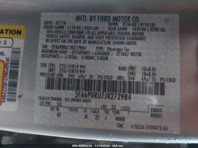 3FA6P0RU7JR272984 Ford Fusion Hybrid Titanium