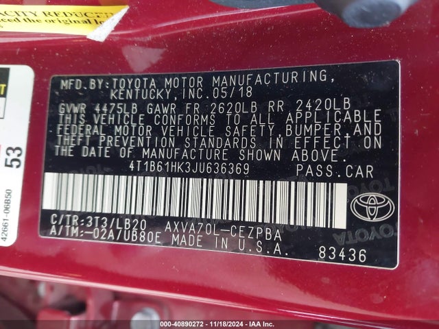 4T1B61HK3JU636369 Toyota CAMRY XSE
