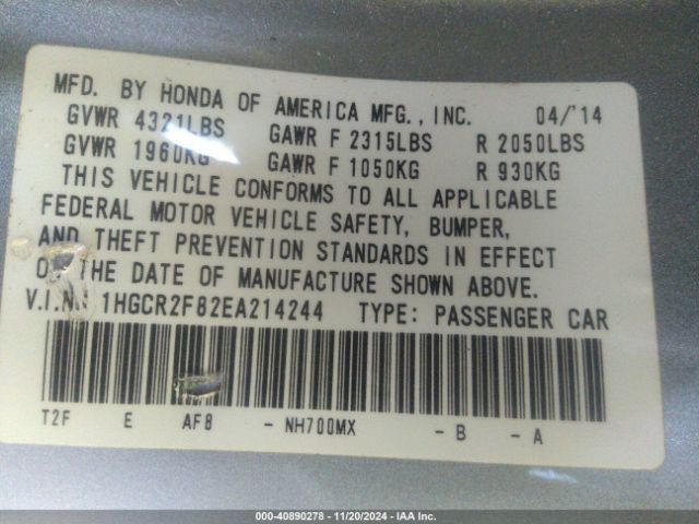 1HGCR2F82EA214244 Honda Accord Ex-l