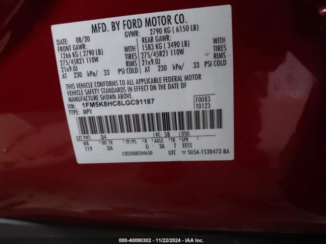 1FM5K8HC8LGC91187 Ford Explorer Platinum