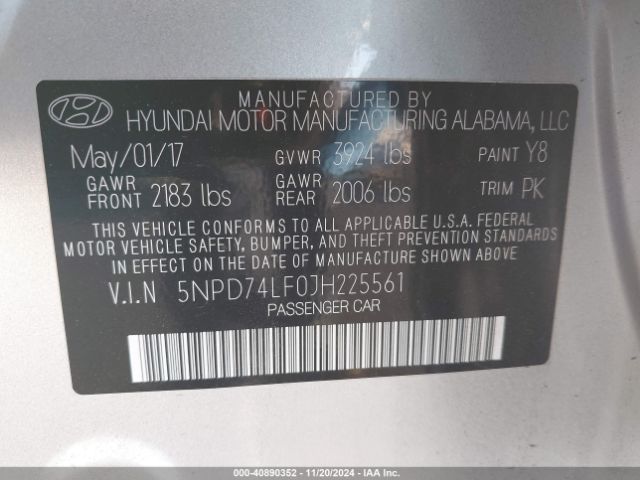 5NPD74LF0JH225561 Hyundai ELANTRA SE