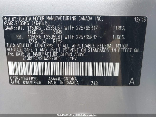 Toyota RAV4 LE 2017 2T3BFREV9HW587905 Image 9