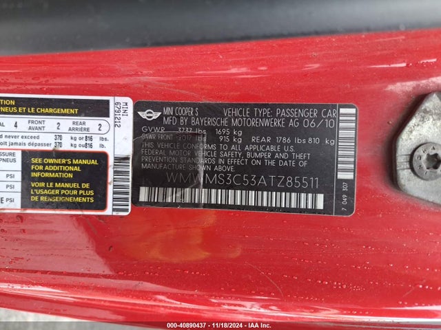 2010 MINI COOPER S WMWMS3C53ATZ85511 Photo 8