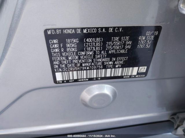 3CZRU5H79KM709756 Honda Hr-v Ex-l