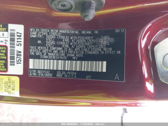 5TDKK3DC8ES414429 Toyota Sienna Le V6 8 Passenger