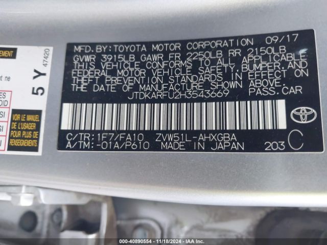 JTDKARFU2H3543669 Toyota Prius Three