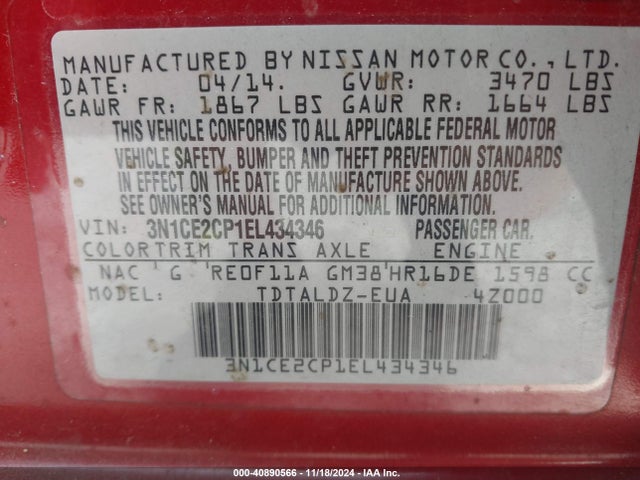 3N1CE2CP1EL434346 Nissan Versa Note Sv