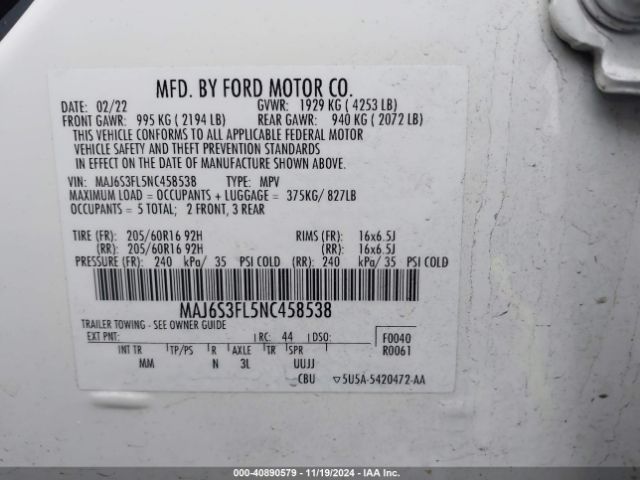 MAJ6S3FL5NC458538 Ford ECOSPORT S