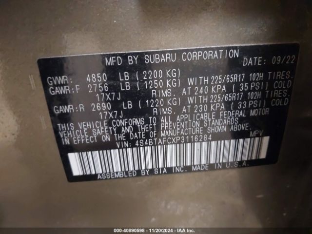 4S4BTAFCXP3116284 Subaru Outback Premium