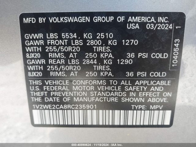 1V2WE2CA8RC235901 Volkswagen Atlas Cross Sport 2.0t Se W/technology