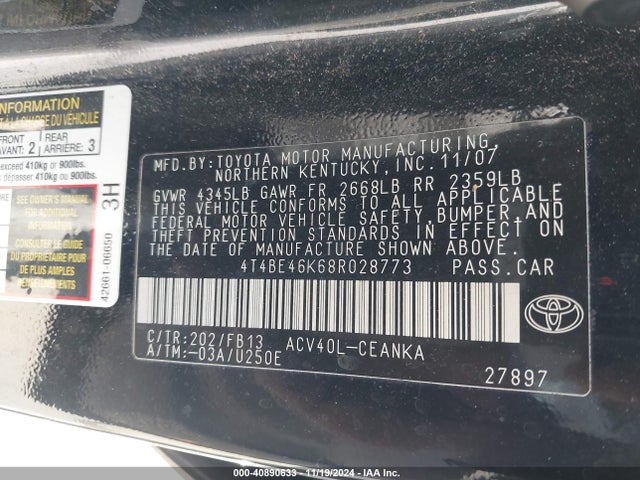 40890633 :رقم المزاد ، 4T4BE46K68R028773 vin ، 2008 Toyota Camry Le مزاد بيع