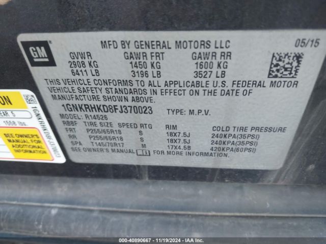 1GNKRHKD8FJ370023 Chevrolet Traverse 2lt