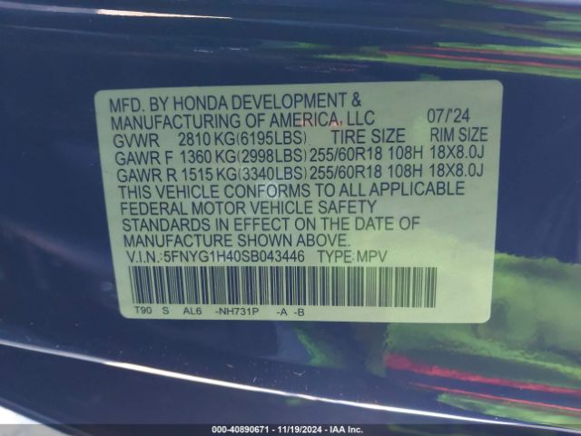 5FNYG1H40SB043446 Honda Pilot Ex-l