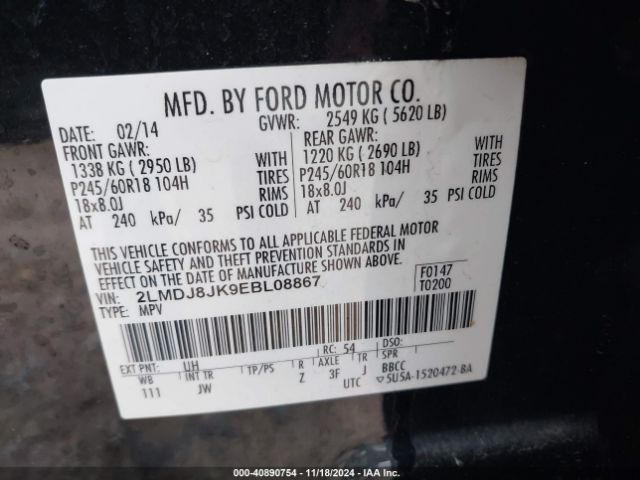 2LMDJ8JK9EBL08867 Lincoln MKX