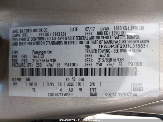 Ford FOCUS SE 2017 1FADP3F2XHL318831 Image 9