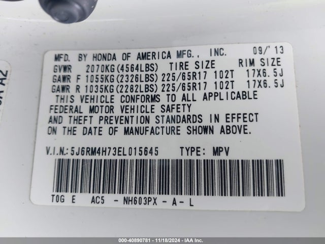 Honda Cr-v Ex-l 2014 5J6RM4H73EL015645 Image 9