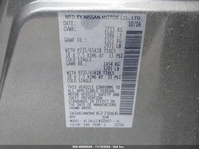 Nissan Pathfinder Sv 2017 5N1DR2MN9HC627066 Image 9