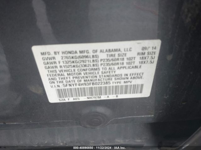 5FNYF4H93FB022385 Honda Pilot Touring