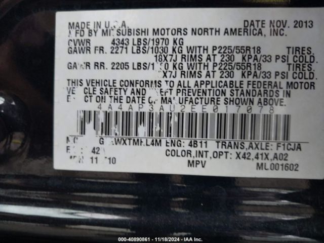 4A4AP3AU2EE017078 Mitsubishi Outlander Sport Es