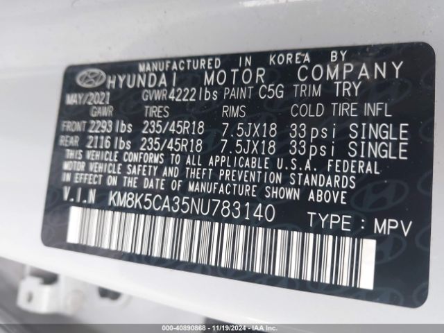KM8K5CA35NU783140 Hyundai Kona Limited