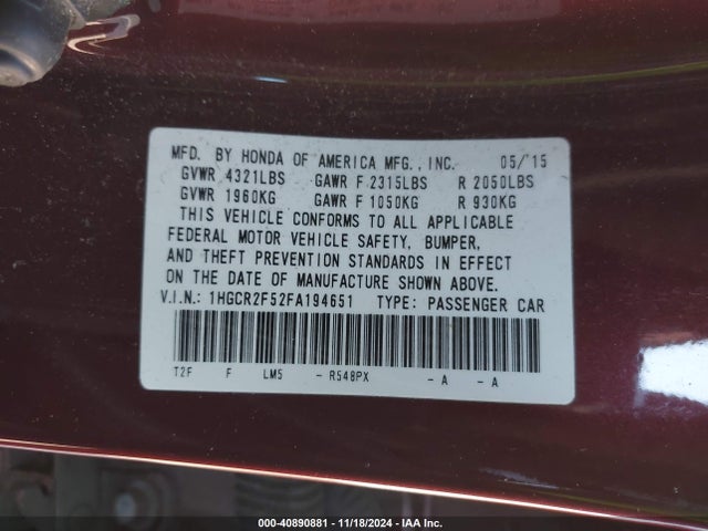 Honda Accord Sport 2015 1HGCR2F52FA194651 Image 9