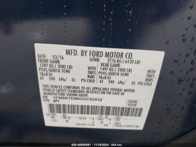 Ford EXPLORER XLT 2016 1FM5K7D86GGC62532 Image 9