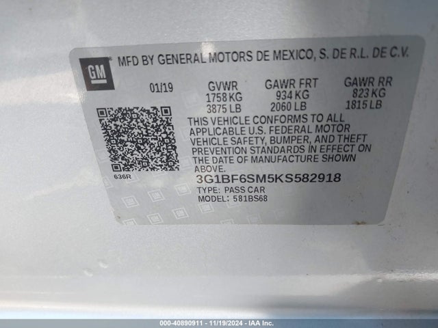 3G1BF6SM5KS582918 Chevrolet Cruze Premier