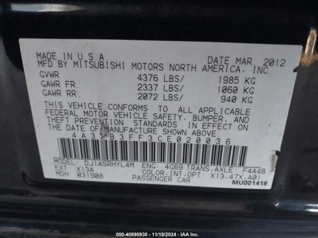 2012 MITSUBISHI GALANT 4A32B3FF3CE020036 Photo 8