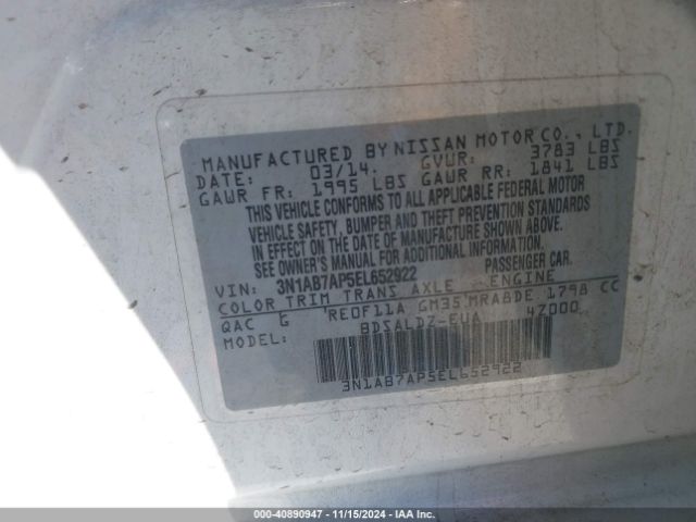 3N1AB7AP5EL652922 Nissan Sentra Fe+ S/fe+ Sv/s/sl/sr/sv