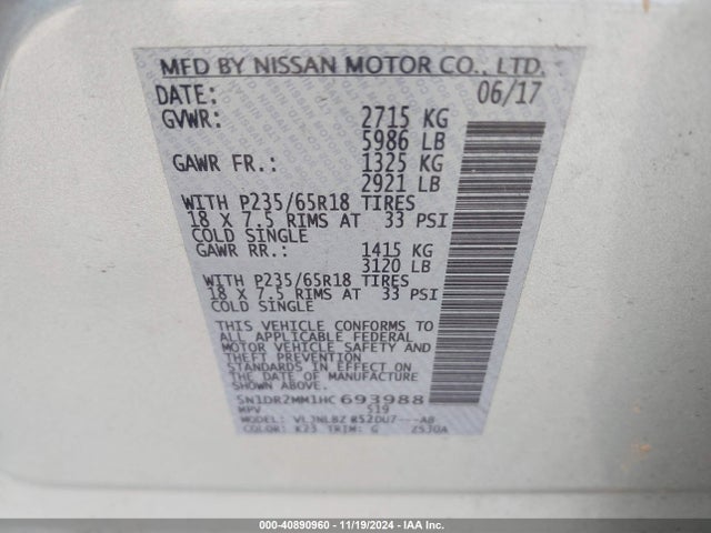 5N1DR2MM1HC693988 Nissan Pathfinder S