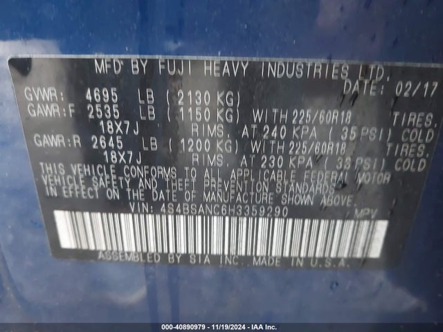 Subaru Outback 2.5i Limited 2017 4S4BSANC6H3359290 Image 9