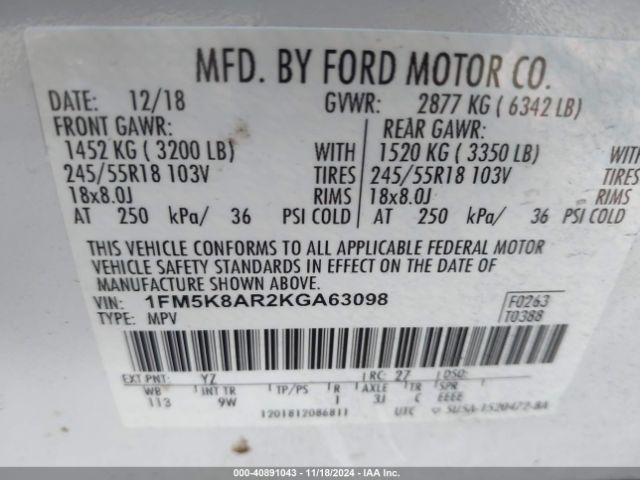 1FM5K8AR2KGA63098 Ford Police Interceptor Utility