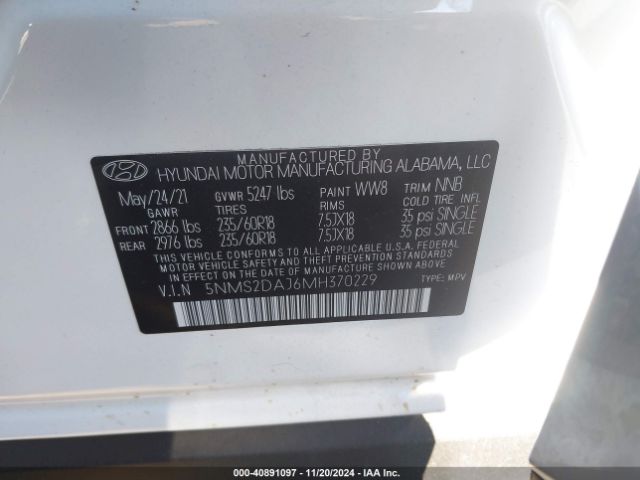 5NMS2DAJ6MH370229 Hyundai Santa Fe Sel